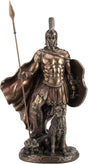 Bronze hued statue of Odysseus in armor with a spear and his dog, Argus