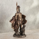 Bronze hued statue of Odysseus in armor with a spear and his dog, Argus