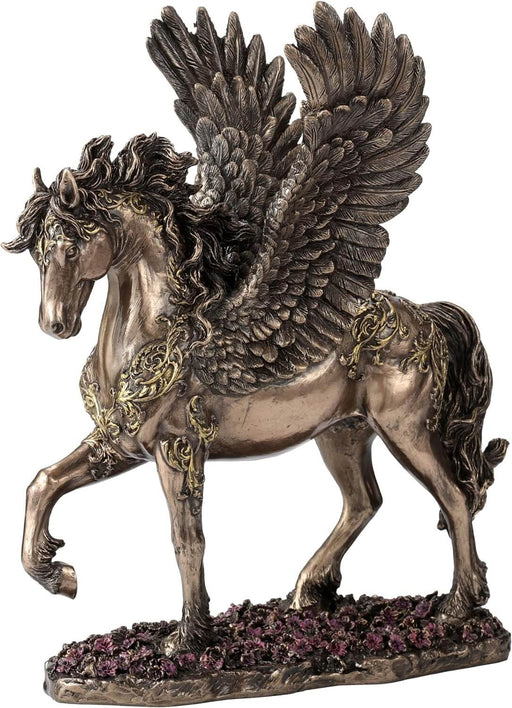 Pegasus figurine - bronze body with gold filigree designs, prancing through pink flowers