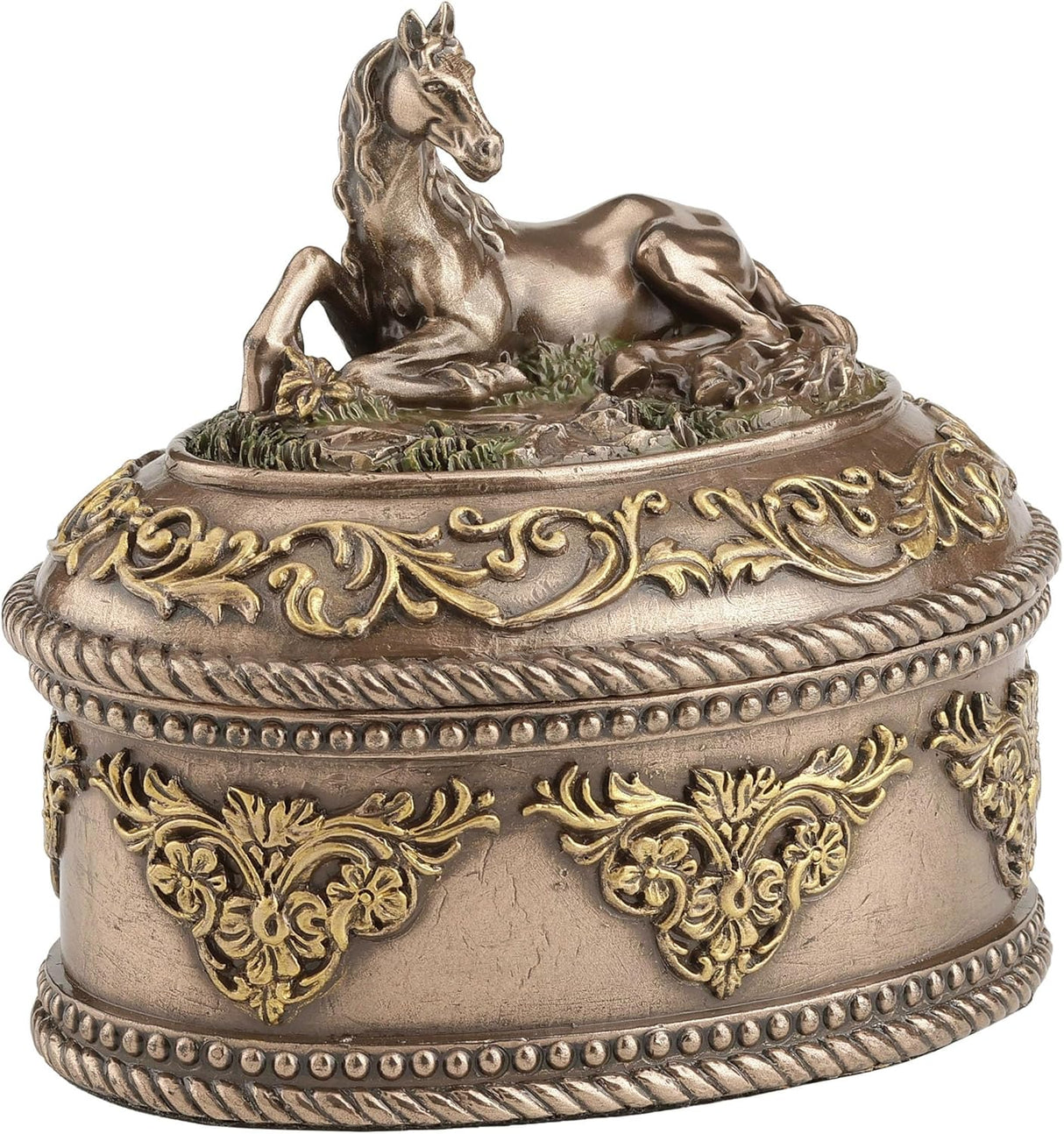 Decorative box with a horse figurine on top, featuring intricate gold detailing.