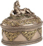 Decorative box with a horse figurine on top, featuring intricate gold detailing.