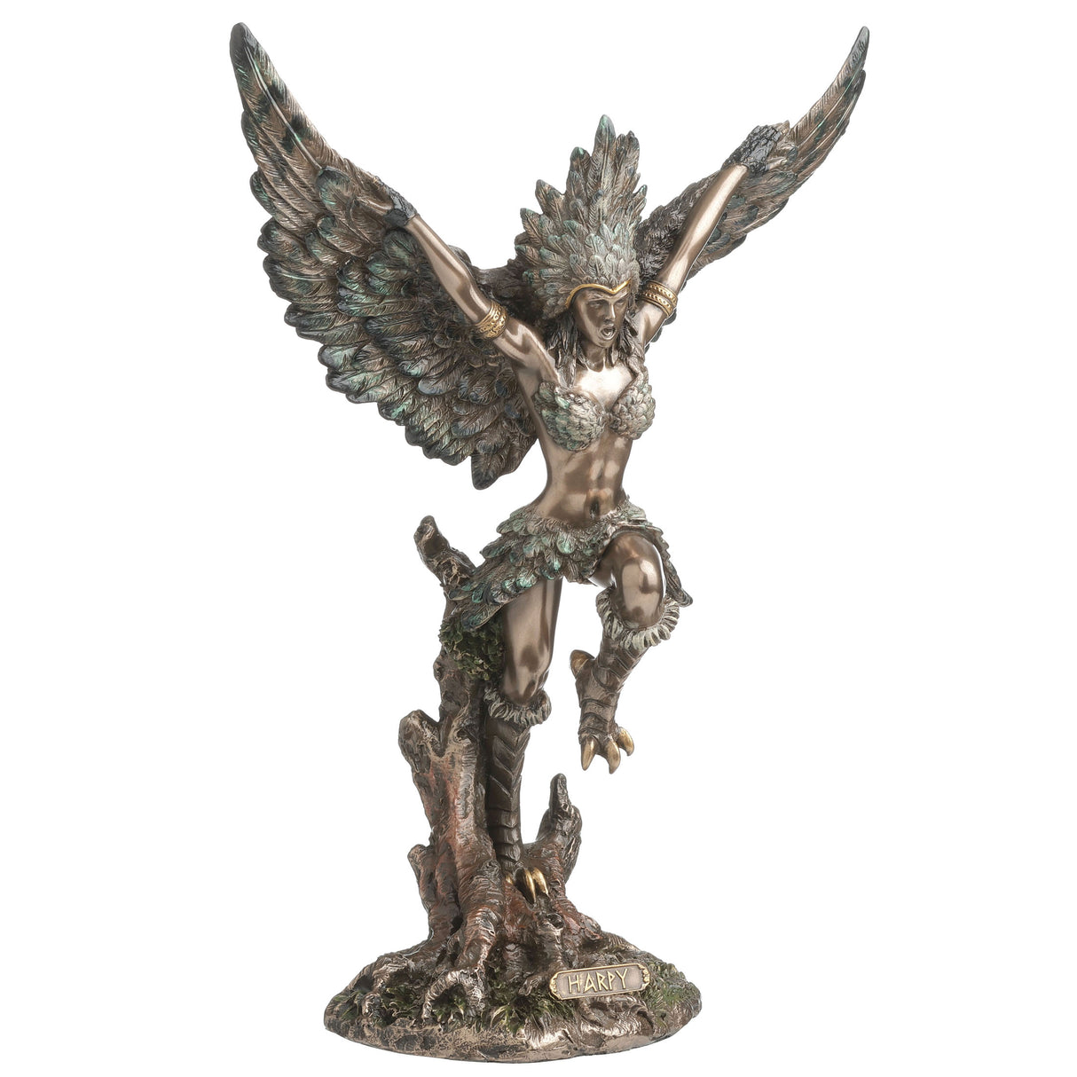 Statue of a feather winged harpy woman on a tree stump with talon feet