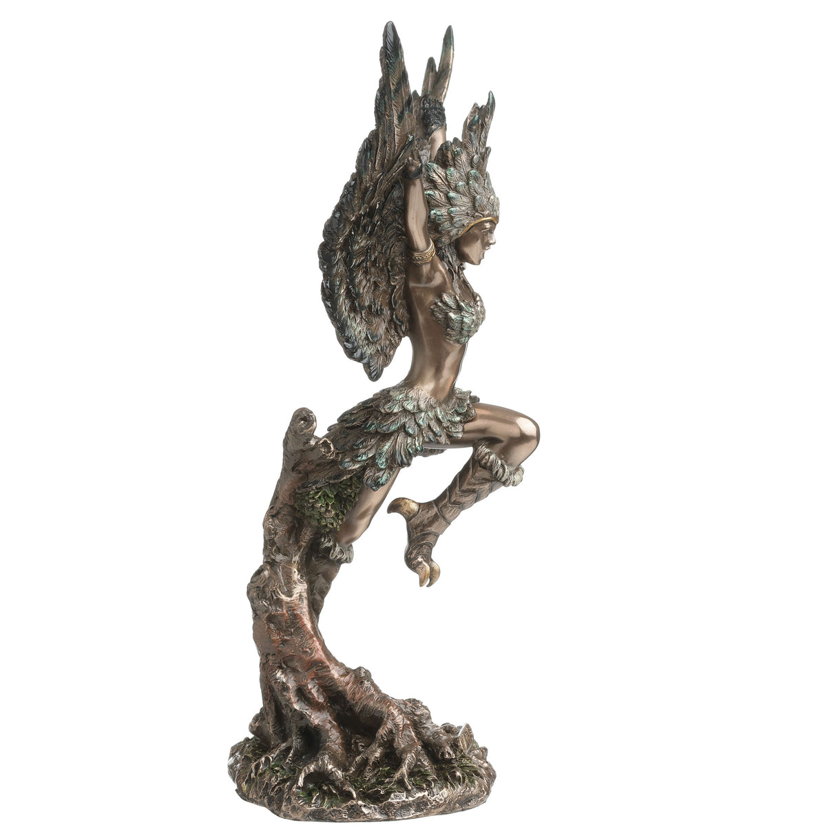 Statue of a feather winged harpy woman on a tree stump with talon feet