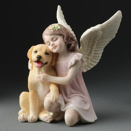 Angel figurine, angelic girl hugging a golden retriever puppy dog