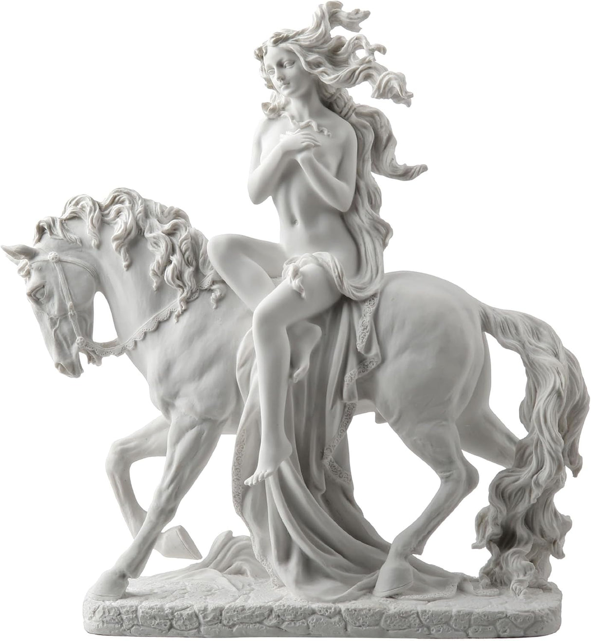 Sculpture of Lady Godiva riding a horse in the nude, clothed in her hair