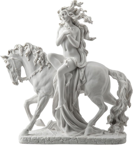 Sculpture of Lady Godiva riding a horse in the nude, clothed in her hair