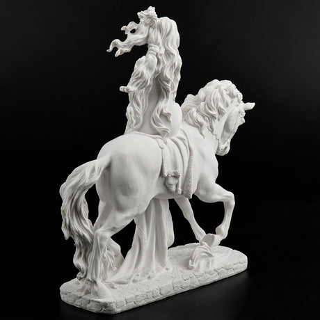 Sculpture of Lady Godiva riding a horse in the nude, clothed in her hair