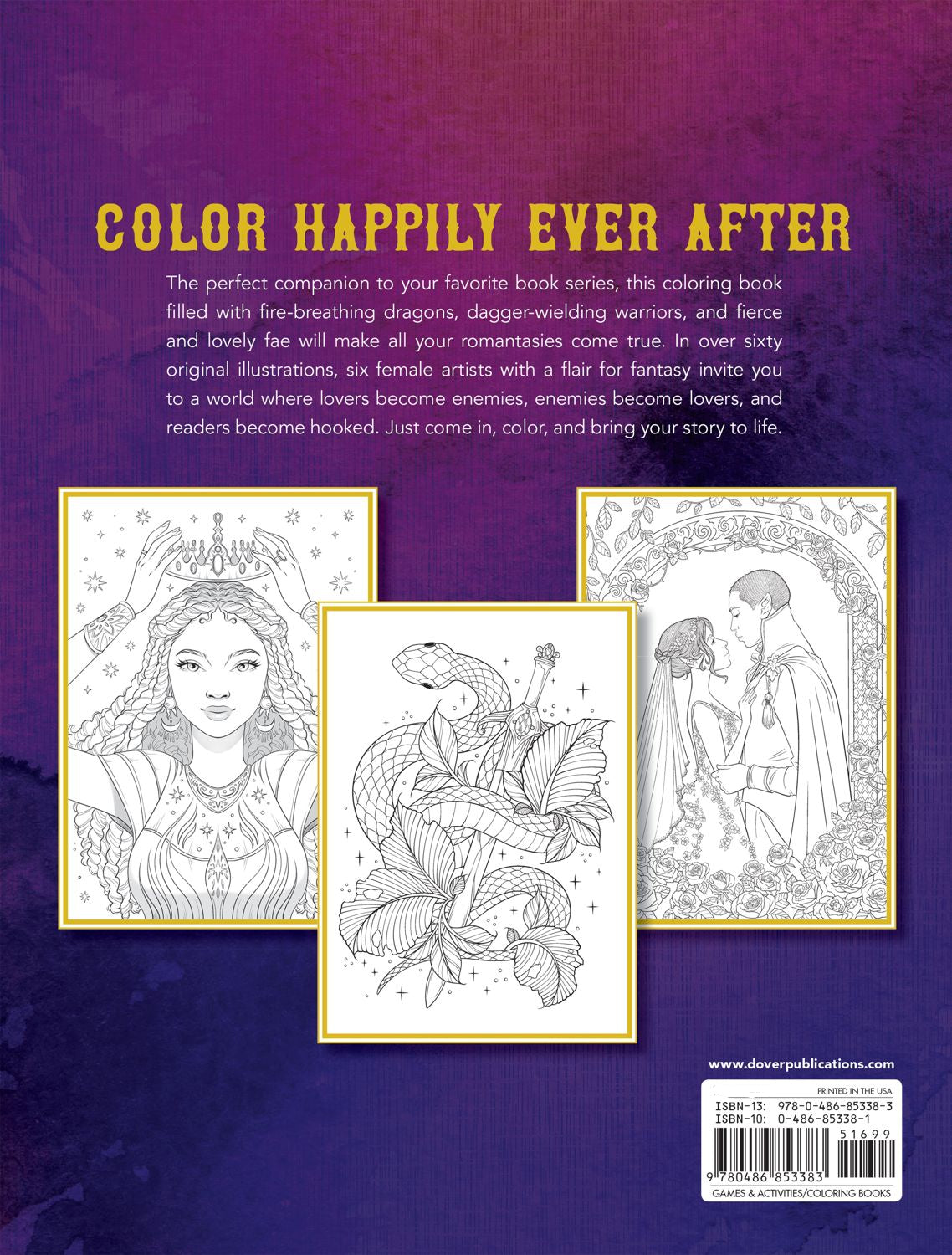 Coloring book back cover with illustrations on a purple background