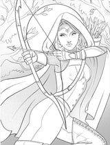 Coloring page of a woman with a bow and arrow in a forest setting