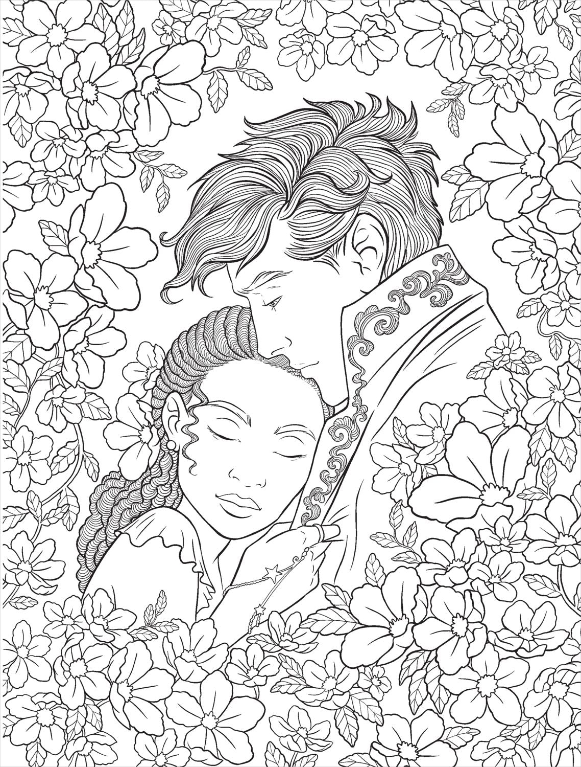 Coloring book art of a couple embracing with floral surroundings