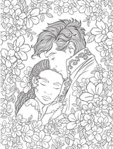 Coloring book art of a couple embracing with floral surroundings