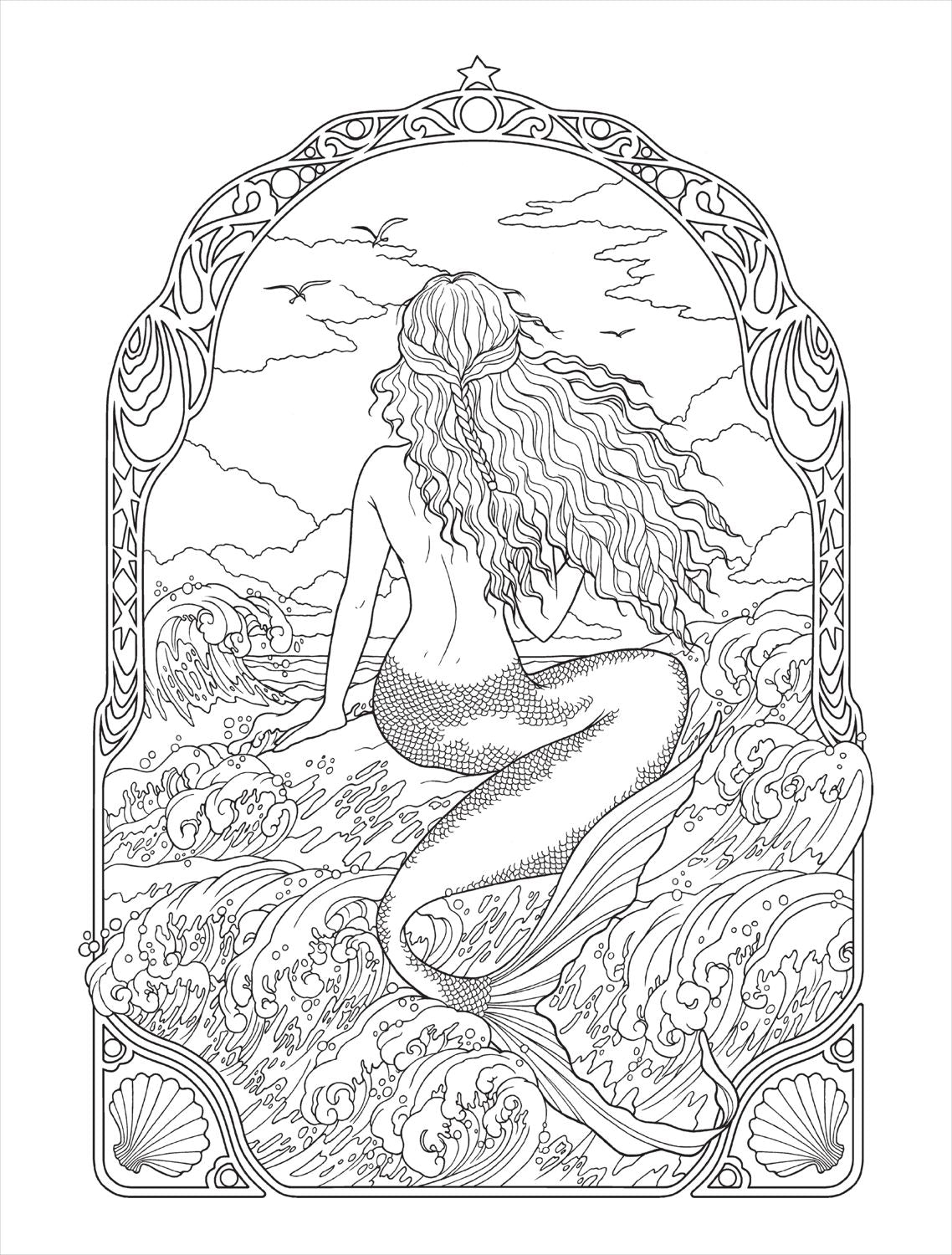 Mermaid coloring page with intricate frame and ocean elements