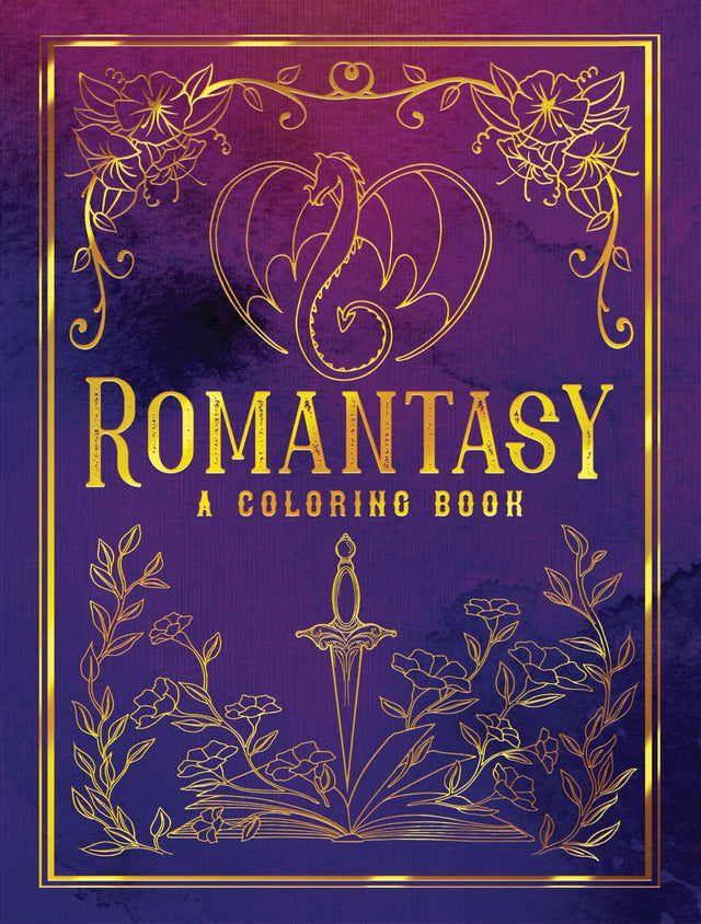 Cover of 'Romantasy' coloring book with gold dragon design on a purple background