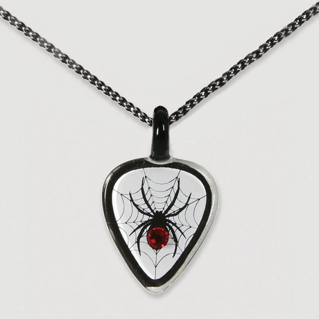 Glass pendant necklace with guitar pick showing spider in web with red crystal abdomen
