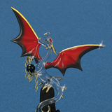 Glass dragon holding orb with red and black wings on black mountain