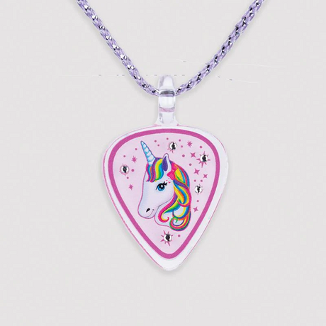 Glass necklace shaped like a guitar pick, pink with rainbow-maned unicorn and crystals
