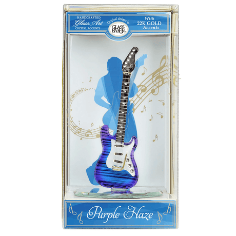 Figurine of a glass guitar with blue and purple ombre, black stripes, white and black with gold accents. In a musical-themed keepsake box from Glass Baron