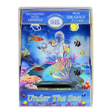 Glass mermaid figurine with crystal orb in a colorful fishy keepsake box with Glass Baron label and "Under the Sea"