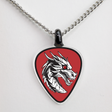 Guitar pick shaped necklace, red background with dragon with red jewel eye on a silver chain