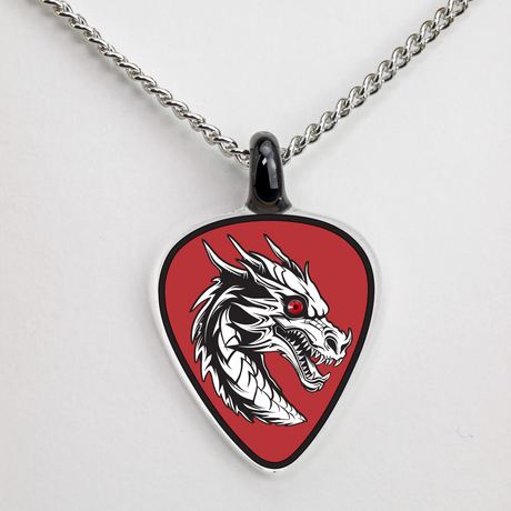 Guitar pick shaped necklace, red background with dragon with red jewel eye on a silver chain