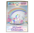 Decorative glass unicorn with rainbow mane in a box with 'My Little Unicorn' text and rainbow design.