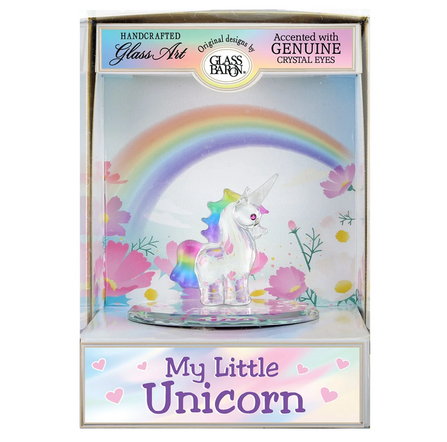 Decorative glass unicorn with rainbow mane in a box with 'My Little Unicorn' text and rainbow design.