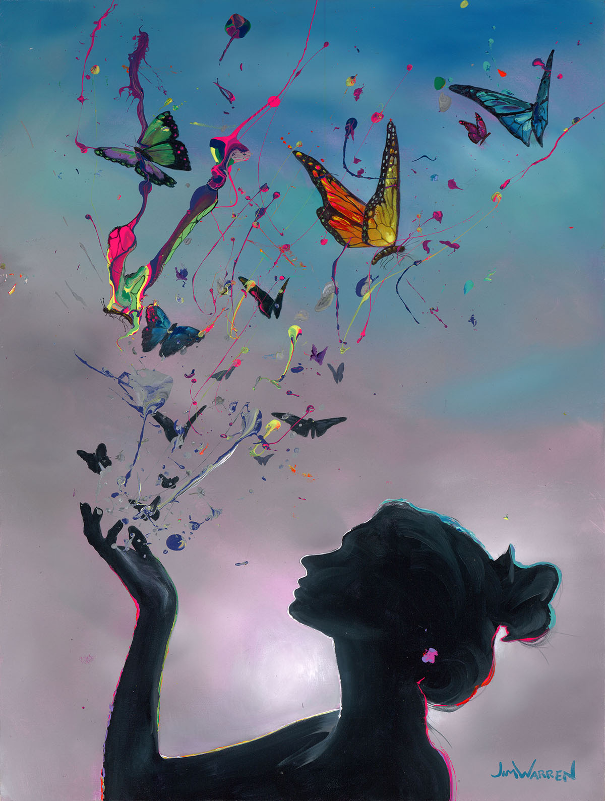 Jigsaw puzzle image of silhouette of a woman letting go of paint spatter that turns into butterflies by Jim Warren