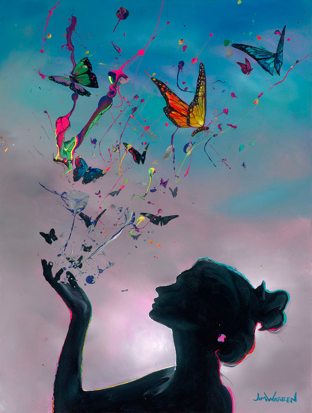 Jigsaw puzzle image of silhouette of a woman letting go of paint spatter that turns into butterflies by Jim Warren