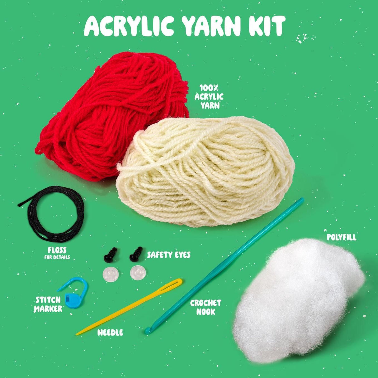 Acrylic yarn kit with red and white yarn, crochet hook, safety eyes, polyfill, and other crafting tools on a green background.