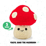 Crocheted mushroom toy with a red cap and beige body on a white background, 5 inches, Juno the Mushroom