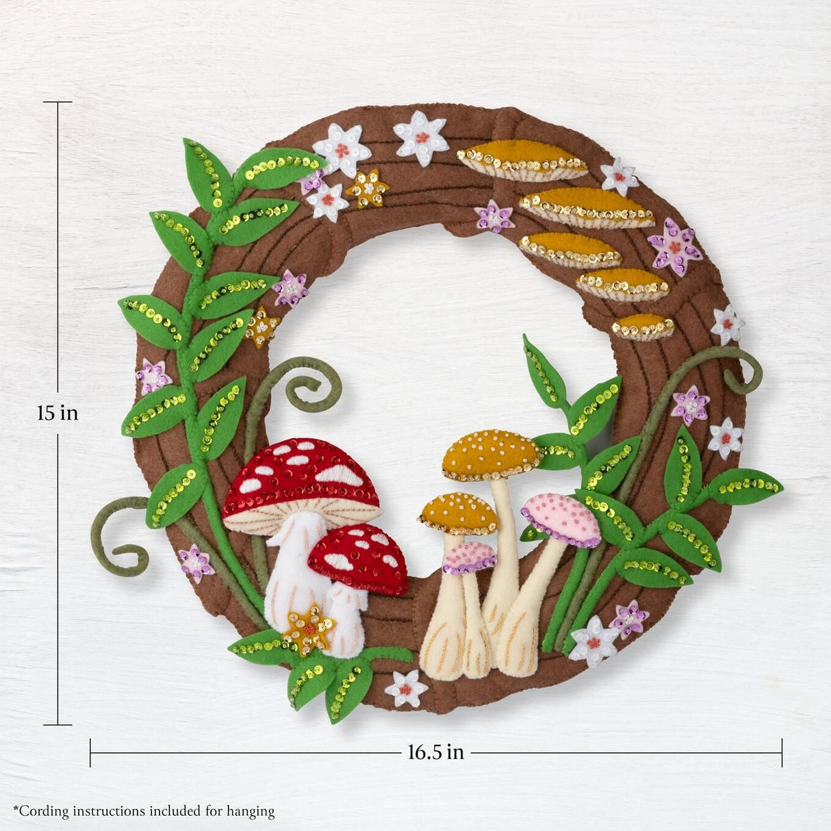 Decorative wreath with mushrooms and flowers, including measurements, 15 inches by 16.5 inches