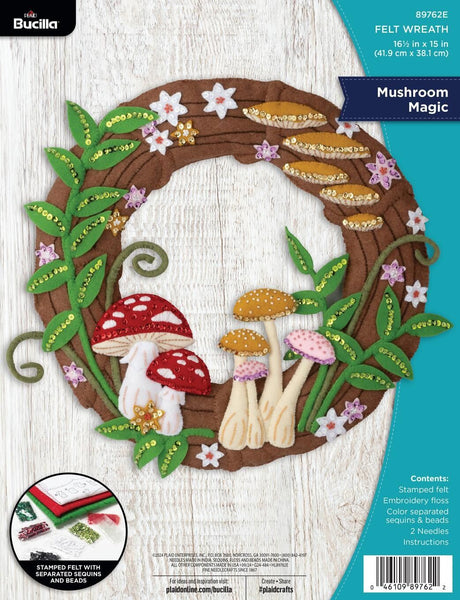 Felt wreath kit with mushrooms and flowers, featuring Bucilla branding.