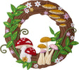 Decorative felt wreath with mushrooms and flowers on a white background