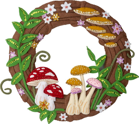 Decorative felt wreath with mushrooms and flowers on a white background