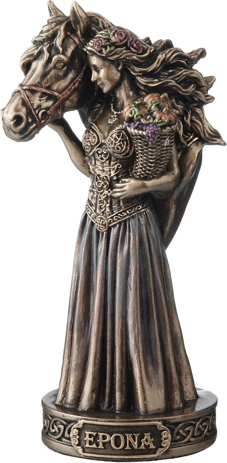 Statue of a goddess holding a horse and cornucopia basket with 'Epona' inscribed