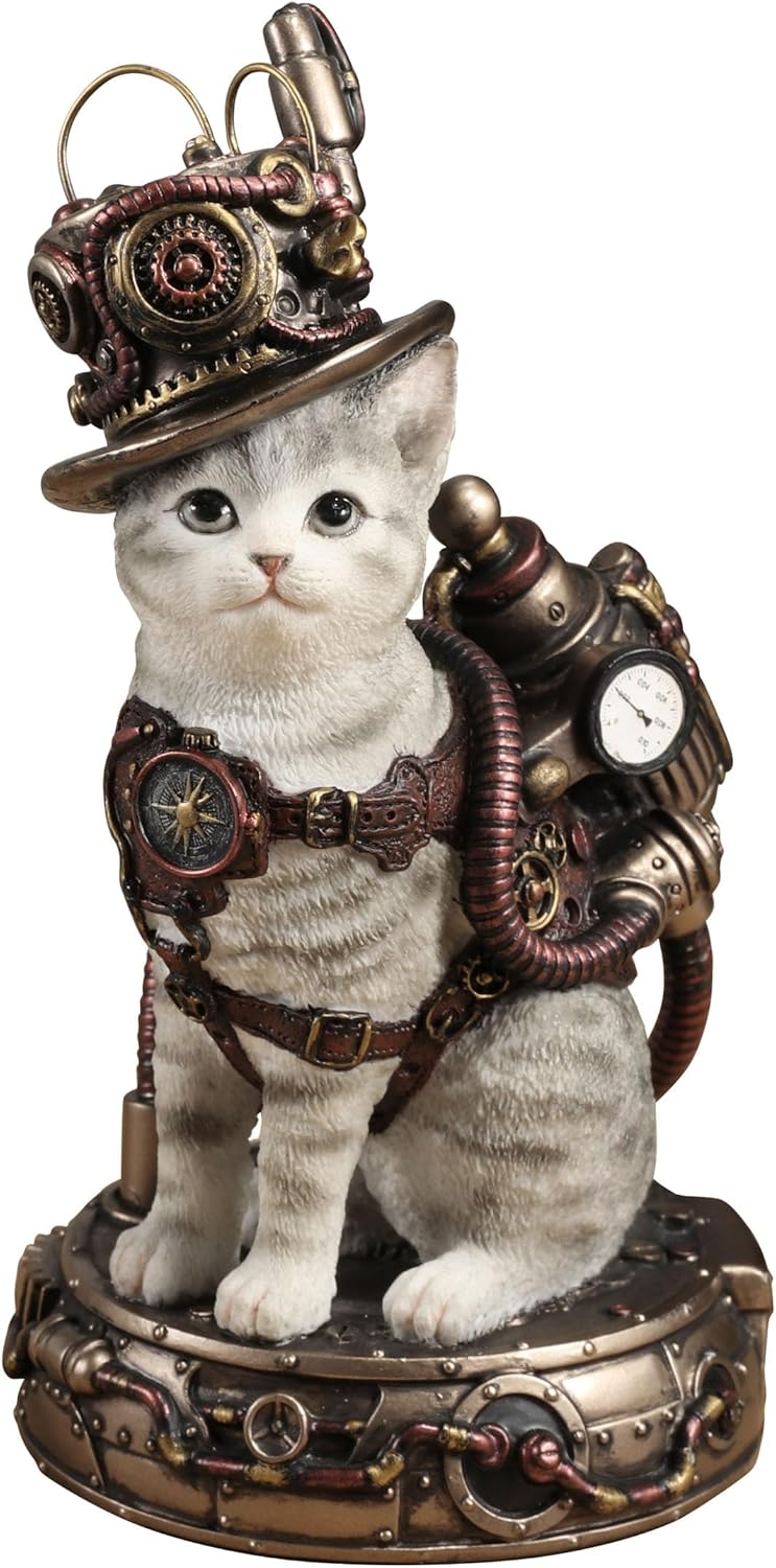 Figurine of pale gray tabby cat with Steampunk hat and gear on a matching base