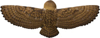 Flying barn owl figurine with brown and white feathers, shown from the back