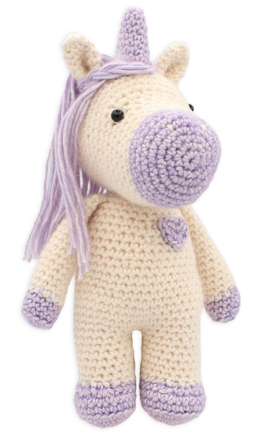 Crocheted unicorn toy with purple mane and hooves and white body