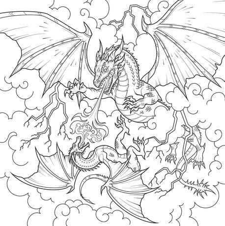 Coloring page of two dragons fighting in the clouds