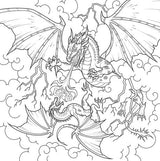 Coloring page of two dragons fighting in the clouds