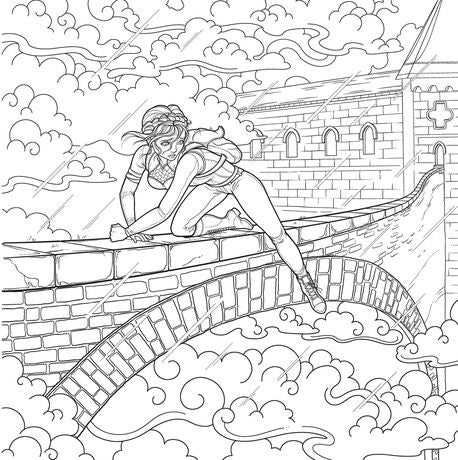 Coloring page of Violet from Fourth Wing on the parapet bridge