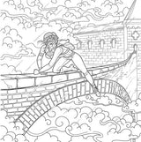 Coloring page of Violet from Fourth Wing on the parapet bridge