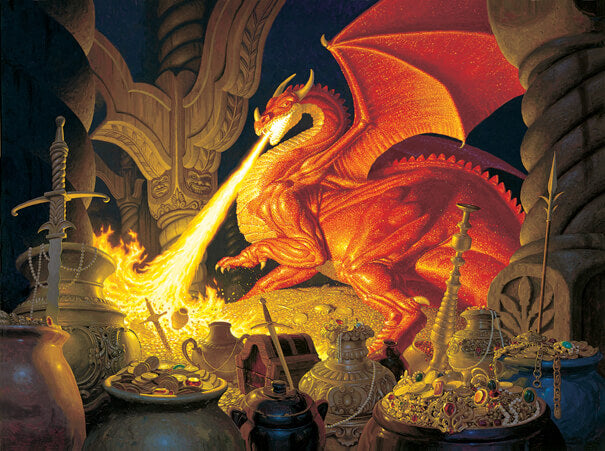 Jigsaw puzzle design showing Smaug the red dragon breathing fire in his hoard full of gold and jewels