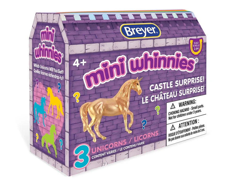 Breyer Mini Whinnies Castle Surprise toy packaging with a gold unicorn on a purple box.