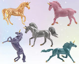 Five colorful unicorn figurines on a gradient background