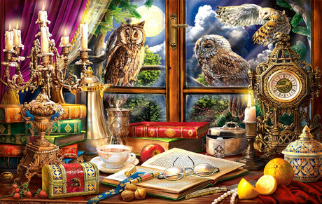 Jigsaw puzzle image of owls outside the window with a full moon. Inside are books, candelabra, and other arcane items