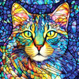 Cat face jigsaw puzzle done in stained glass style with shades blue as background and rainbow colors for cat