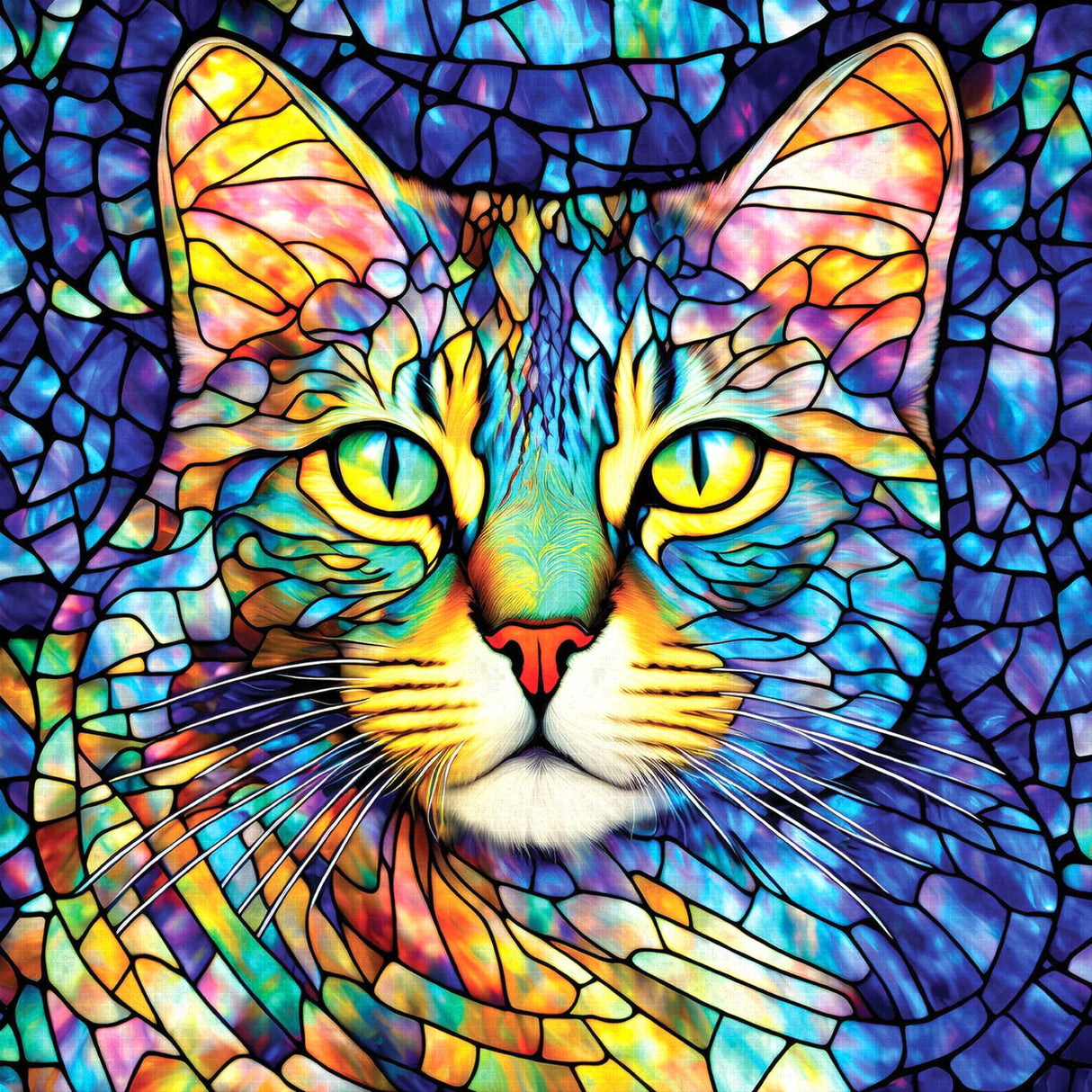 Cat face jigsaw puzzle done in stained glass style with shades blue as background and rainbow colors for cat