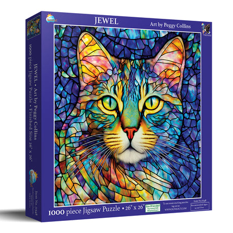 Jewel cat jigsaw puzzle, Art by Peggy Collins, box shown, 1000 pieces