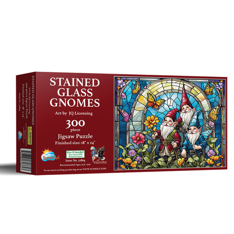 300 piece Stained Glass Gnomes jigsaw puzzle box